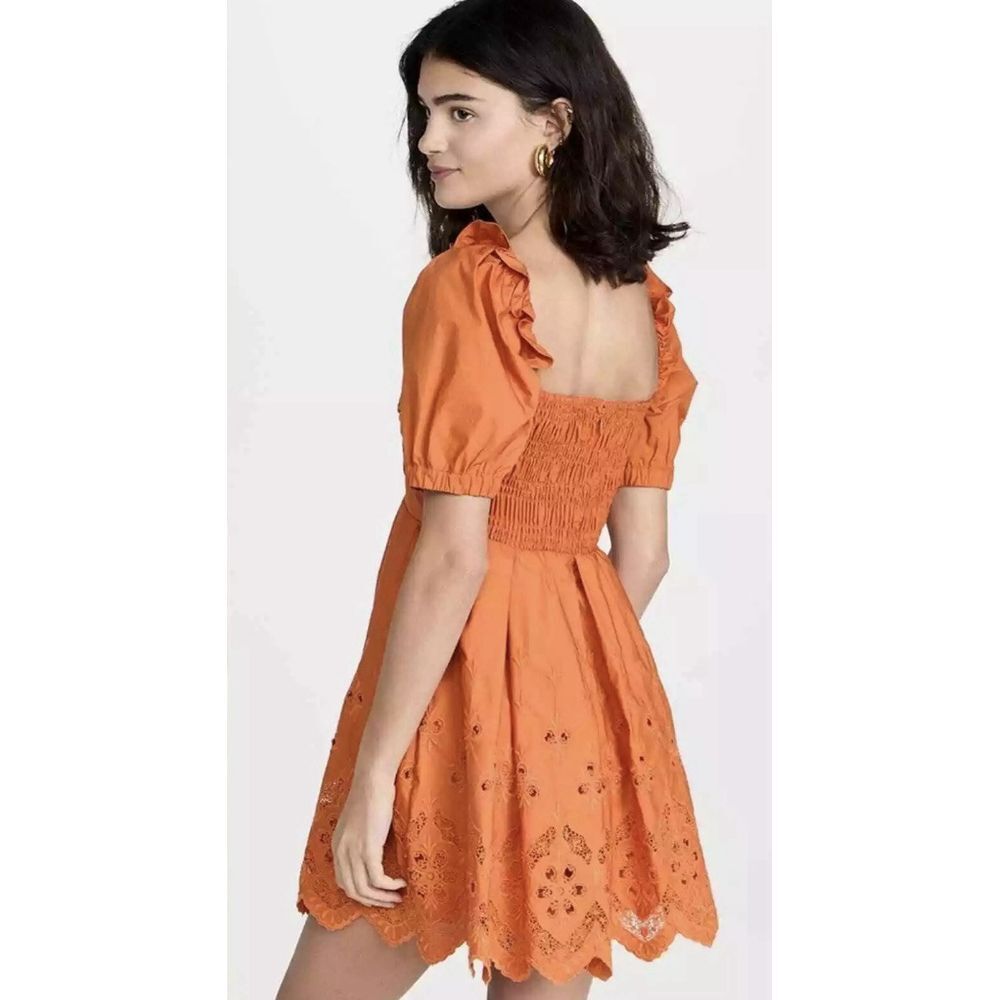 Self Portrait Cinnamon Floral Broderie Puff Sleeve Scallop Mini Dress Size 2 - Picture 3 of 10